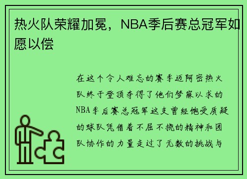 热火队荣耀加冕，NBA季后赛总冠军如愿以偿