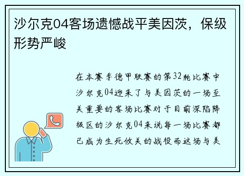 沙尔克04客场遗憾战平美因茨，保级形势严峻